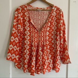 Ikat Orange Top 3/4 Sleeve Flowy Anthropologie NWT